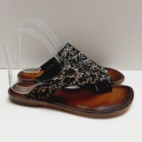 EMANUELE CRASTO Italy Woven Thong Flat Sandals Lather Black & Silver Sz 7 / 37 - Picture 3 of 13
